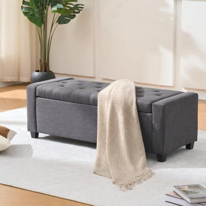 48 inch Grey Faux Linen Tufted Storage Bench, Safety Hinge Armrest Ottoman for Bedroom Entryway Living Room