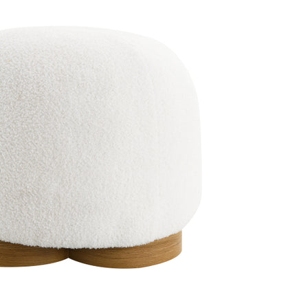 20 inch White Teddy Boucle Round Ottoman, Fully Assembled Petal Shape Footstool, 300 LBS for Bedroom Entryway