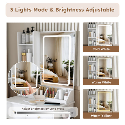 White Small Vanity Desk w/ 3-Color LED Mirror, 3 Drawers, Open Shelves, Power Outlet, Hair Dryer Holder & Chair