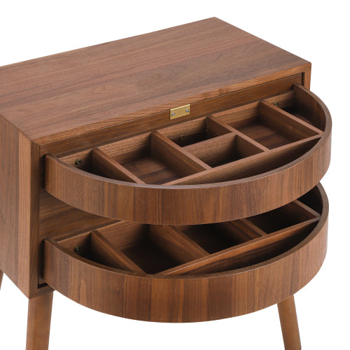 Rattan Nightstand with Hidden Storage Compartment, Mid Century Modern Bedside Table with Wood Legs, Walnut End Table