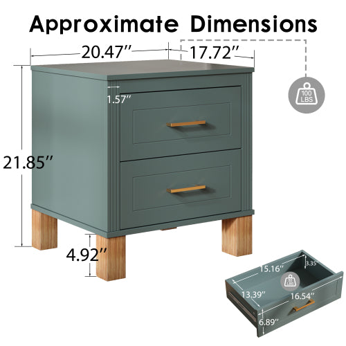 Blue Fluted Nightstand, 2-Drawer Bedside Table with Metal Handles & Solid Wood Legs