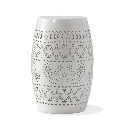 RUBY Side Table, Lace Cut Metal End Table for Outdoor & Indoor Use, Barrel Shape Accent Table with No Assembly Needed for Garden, Patio, Living Room, Backyard Decor,White Color