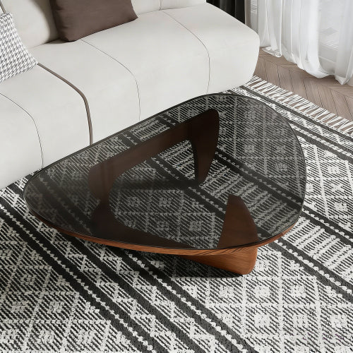 35.8 Inch Mid Century Glass Coffee Table, Walnut Base Modern Accent Table for Living Room Bedroom & Office