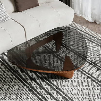 35.8 Inch Mid Century Glass Coffee Table, Walnut Base Modern Accent Table for Living Room Bedroom & Office