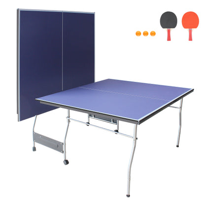 8ft Mid-Size Table Tennis Table Foldable & Portable Ping Pong Table Set for Indoor Games with Net, 2 Table Tennis Paddles and 3 Balls