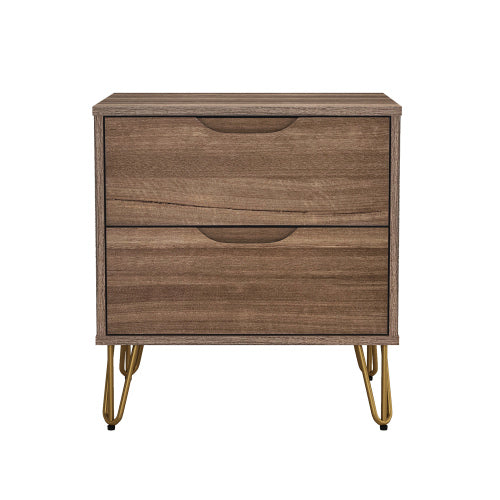 Brown Modern Nightstand, 2 Drawers & Metal Legs