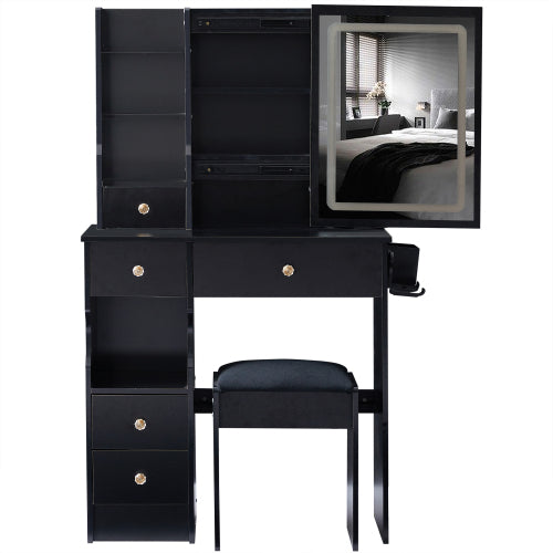 29.2" Small Size Drawer Desktop Vanity Table + Cushioned Stool, 2 AC+2 USB Power Station, Hair dryer bracket, Extra Large Touch Control Sliding LED Mirror, 3-color Switching, EPA, GCC, UL Certificate