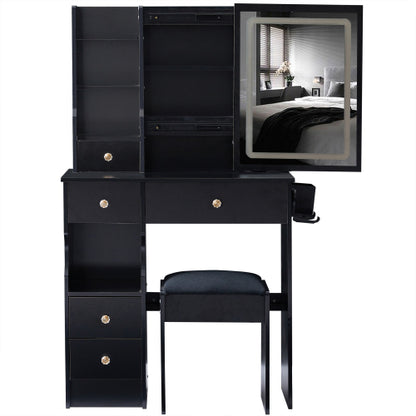 29.2" Small Size Drawer Desktop Vanity Table + Cushioned Stool, 2 AC+2 USB Power Station, Hair dryer bracket, Extra Large Touch Control Sliding LED Mirror, 3-color Switching, EPA, GCC, UL Certificate
