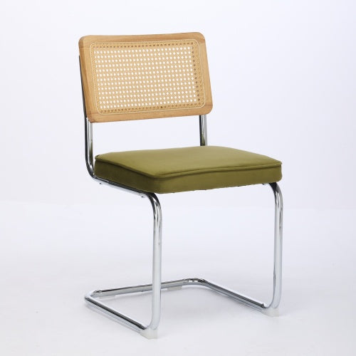 Mid Century Modern Dining Chairs Set of 2, Velvet Accent Chairs with Natural Cane Back and Stainless Chrome Base, Olive Green