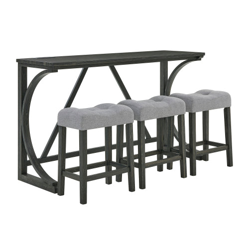 59 Inch Farmhouse Wood Bar Table Set with Power Outlet, 4-Piece Brown Linen Padded Stools Dining Furniture