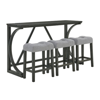 59 Inch Farmhouse Wood Bar Table Set with Power Outlet, 4-Piece Brown Linen Padded Stools Dining Furniture