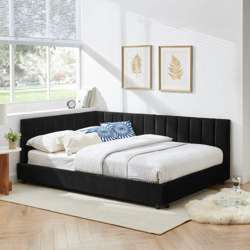 Full Size Upholstered Tufted Bed Frame, Sofa Bed Frame with Comfortable Backrest and Armrests, Full Size Bed for Bedroom, Living Room,Velvet-Black(81inch *60inch *29.5inch )