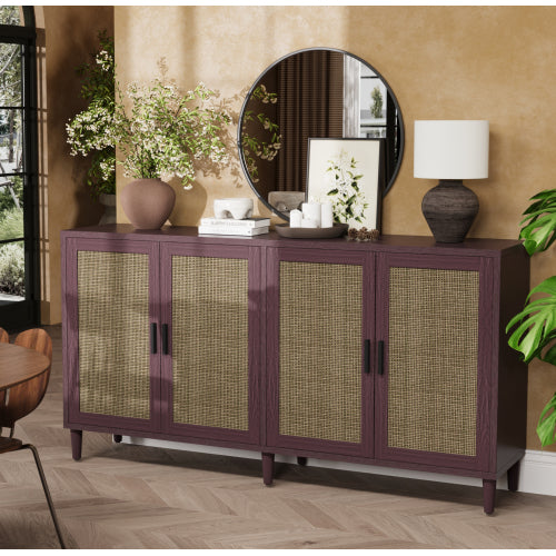 70 Inch Brown Rattan Four-Door Sideboard MDF Solid Wood Leg Adjustable Shelf Easy Assembly Home Storage Cabinet