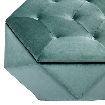 34 inch Green Polygon Velvet Storage Ottoman, Diamond Tufted Upholstered Footrest for Living Room & Bedroom Storage