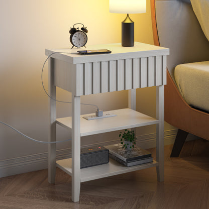 Beige Fluted Nightstand with Charging Station