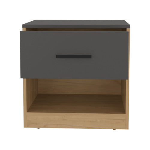 Natural Oak & Matt Gray Nightstand with Cabinet & Shelf