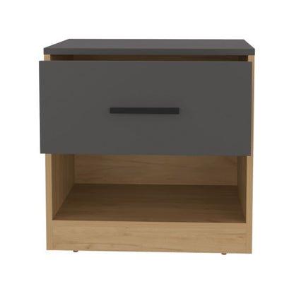 Natural Oak & Matt Gray Nightstand with Cabinet & Shelf