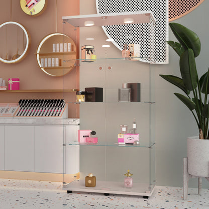 White Tempered Glass Display Cabinet With Remote Control Light & Lockable Casters