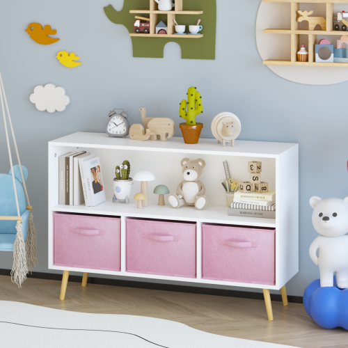 Kids Bookcase with Fabric Drawers and Toy Storage Organizer, White/Pink