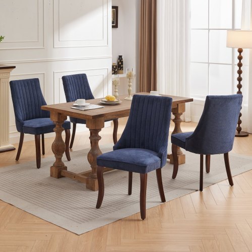Set of 2 Blue Rayon Flocking Linen High Back Dining Chairs, Curved Solid Wood Legs Adjustable Leveling Feet