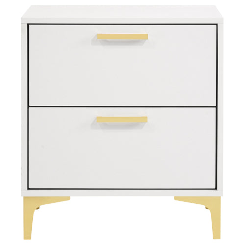 White and Gold 2-Drawer Nightstand, Modern Bedside Table with Gold Metal Accents