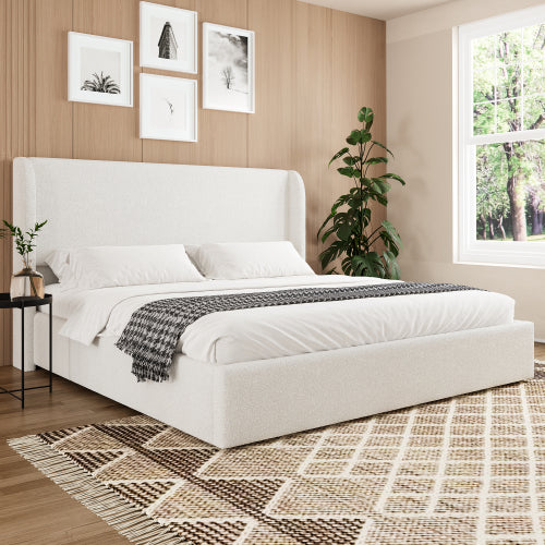 Queen Size Boucle Bed Frame, Upholstered Cloud Bed Frame with Headboard, Solid Wood Legs and Slats, No Box Spring Needed, White