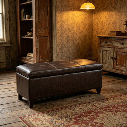 Distressed Brown Vegan Leather Storage Ottoman Bench, 50.25 Inch Assembled Entryway Bench with Safety Hinge