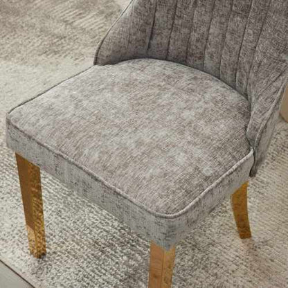 Set of 2 Gray Rayon Flocking Chenille Dining Chairs, High Back, Triple Elastic Cushion, Golden Plated Stainless Steel Legs