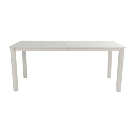 A wooden-textured imitation wood dining table, simple yet with a high quality feel. It has a small tabletop and is perfect for outdoor picnics. Light gray color, 68.9 inches long.