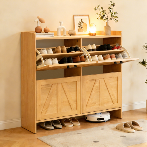 Light Oak Rustic Barn-Door Shoe Cabinet with 4 Flip Drawers, Sleek Space-Saving Entryway Organizer for Living Room