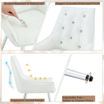 Set of 2 White Crocodile Pattern PU Dining Chairs, Diamond Tuft Chrome Metal Leg 400lbs Luxury Accent Chairs