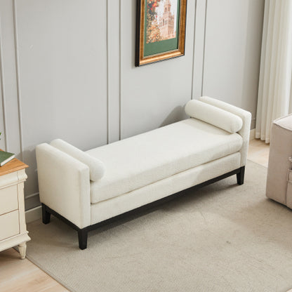 66.34inch W Elegant Upholstered Bench,Daybed, Ottoman with Wood Legs & 2 Bolster Pillows for End of Bed, Bedroom, Living Room, Entryway,Ivory Boucle