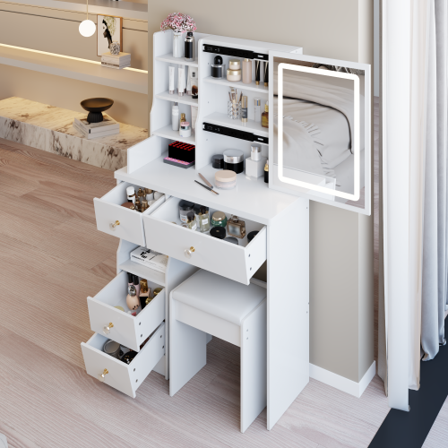 29.2 inch  Small Vanity Table w/ LED Mirror, Left Drawer, 3-Color Dimmable Light & Stool