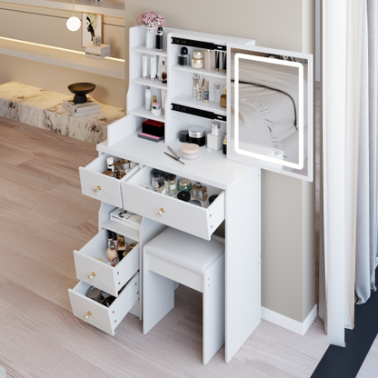 29.2 inch  Small Vanity Table w/ LED Mirror, Left Drawer, 3-Color Dimmable Light & Stool