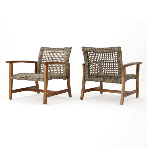 Outdoor Acacia Wood Wicker Club Chairs with Acacia Wood Frame, 2-Pcs Set