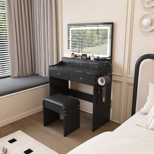 Black Modern Vanity Desk Set, Extra Large 30.3 inch *19.3 inch  LED Mirror, 5 Drawers, Power Outlet & Hair Dryer Holder