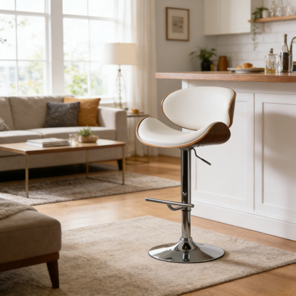 Modern Contemporary Swivel Walnut Bentwood Lift Adjustable Height Bar Stool with Curved Seat and Back (White)