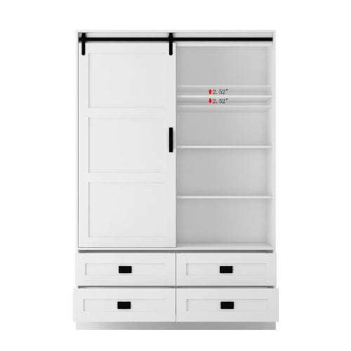 Tall Bedroom Armoire Wardrobe Closet Clothing Storage Cabinet with Hanging Rod Barn Door Drawers Open Shelves