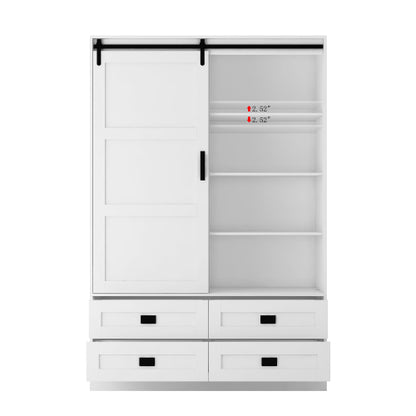 Tall Bedroom Armoire Wardrobe Closet Clothing Storage Cabinet with Hanging Rod Barn Door Drawers Open Shelves