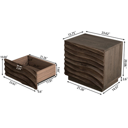 Brown Solid Wood 2-Drawer Nightstand, Curved Handle-Free Bedside End Table