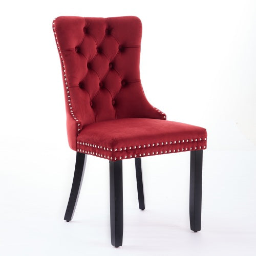 Set of 2 Burgundy Velvet Dining Chairs, Solid Wood Tufted Chairs with Triple Elastic Cushion
