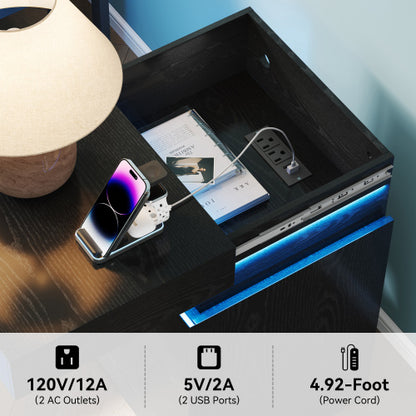 Modern Nightstand with LED Lighting and Charging Station, 3 Drawers