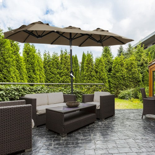 Outsunny Double-sided Patio Umbrella 9.5' Large Outdoor Market Umbrella with Push Button Tilt and Crank, 3 Air Vents and 12 Ribs, for Garden, Deck, Pool, Gray