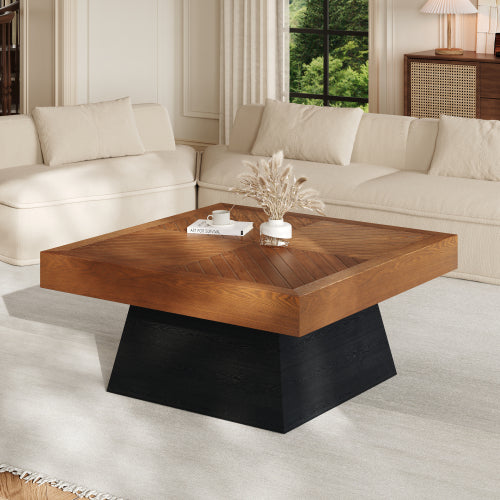 31.5inch  Square Mid-Century Coffee Table, Brown Wood-Grain Top & Black Base Farmhouse Center Table