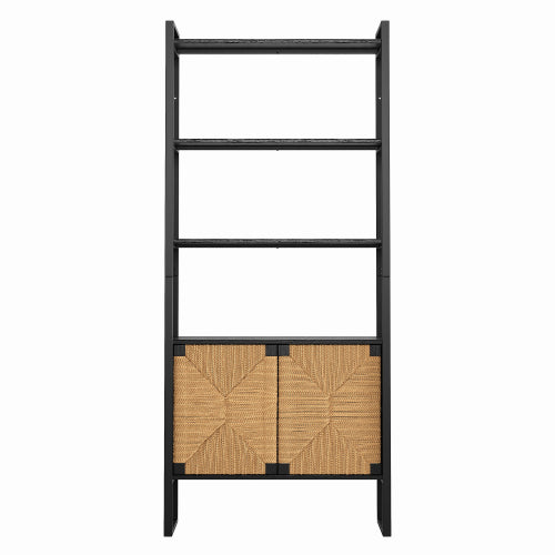 Rattan Storage Bookshelf with Cabinet for Living Room Bedroom