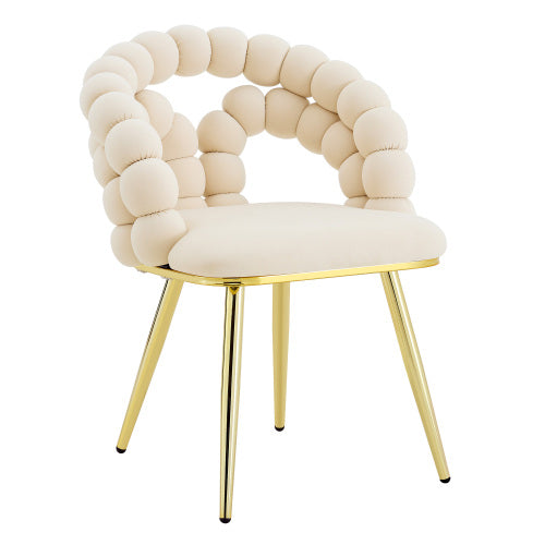 2 Pack Beige Velvet Dining Chairs, Bubble Cushion Back Accent Chairs with Gold Finished Metal Legs