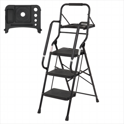 3 Step Folding Ladder with Handrails and Tool Tray 330 lb Capacity Steel Frame Step Stool