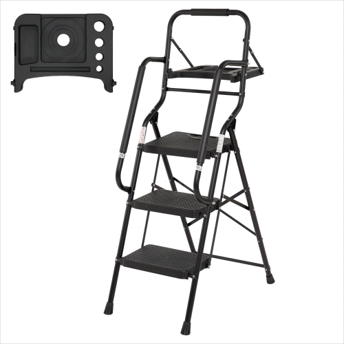 3 Step Folding Ladder with Handrails and Tool Tray 330 lb Capacity Steel Frame Step Stool