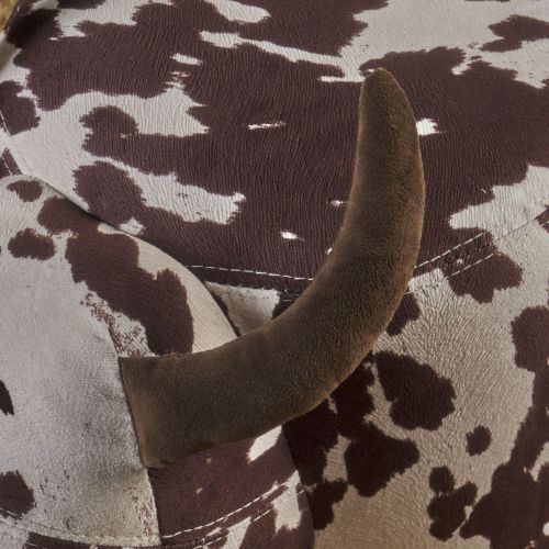 Brown & White Cow Shaped Animal Ottoman, Fabric Accent Footstool with Velvet Horns and Birch Wood Legs for Home Decor