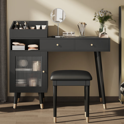 Black Space Saving Vanity Desk Set with Stool, Built?in Charging Station, Drawers & Tempered Glass Cabinet